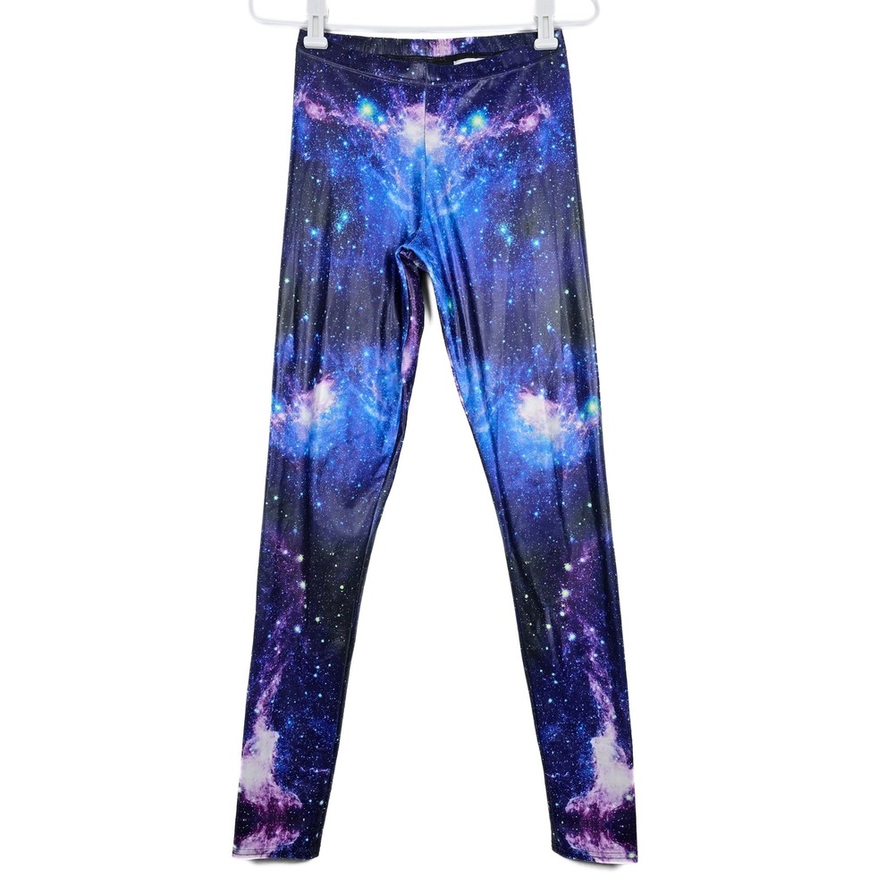 Bambam Galaxy Print Leggings Womens Medium Blue Purple Nebula Cosmic Rave‎ Wear